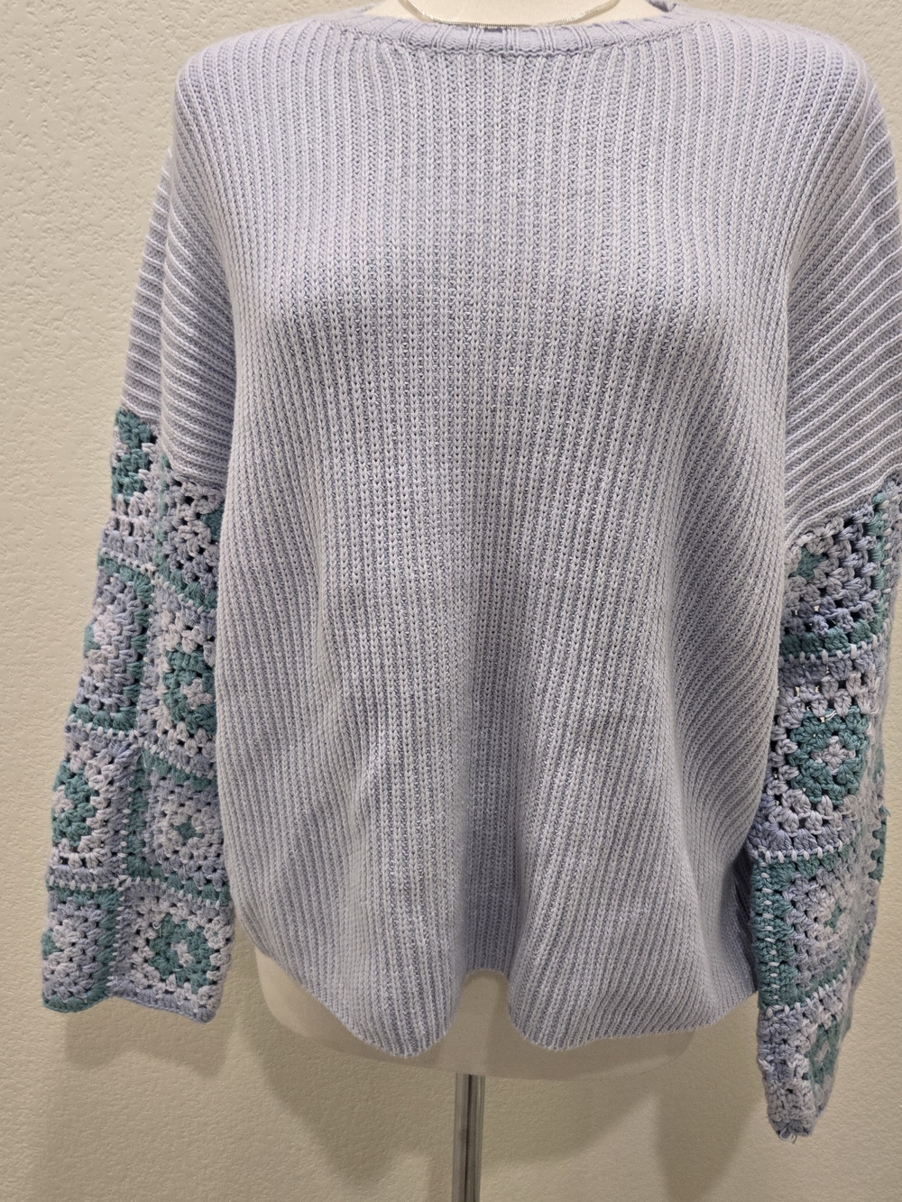 Gilli Light Blue Crewneck Sweater with Seafoam Crochet Sleeves